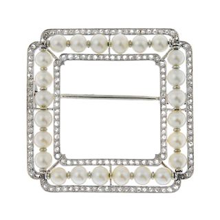 An early 20th century cultured pearl and diamond brooch. Of square-shape outline, the cultured pearl