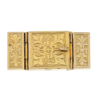 A late 19th century 15ct gold clasp. Of square-shape outline, with foliate engraving, to the rectang