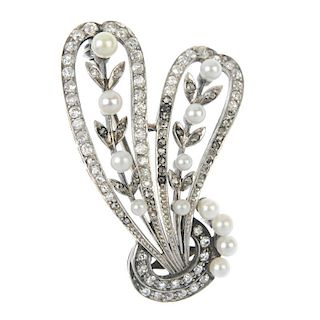 A late 19th century cultured pearl and diamond spray brooch. The two cultured pearl, rose and old-cu