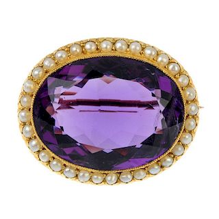 A late 19th century 15ct gold amethyst and split pearl brooch. The oval-shape amethyst, within a spl