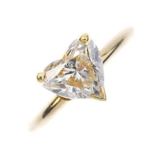 A diamond single-stone ring. The heart-shape diamond, to the plain band. Estimated diamond weight 2c