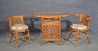 BAMBOO RATTAN GLASSTOP TABLE & TWO CHAIRS