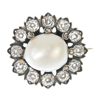 A late 19th century silver and gold natural pearl and diamond cluster brooch. The natural pearl, mea