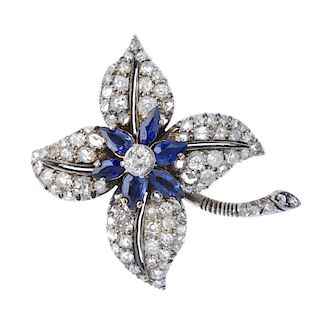 An early 20th century silver and gold sapphire and diamond brooch. The replacement old-cut diamond a
