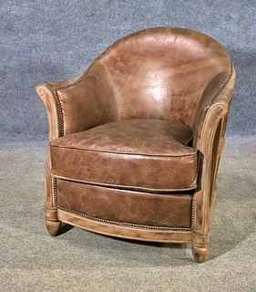 MODERN DECONSTRUCTED LEATHER BARREL BACK CHAIR
