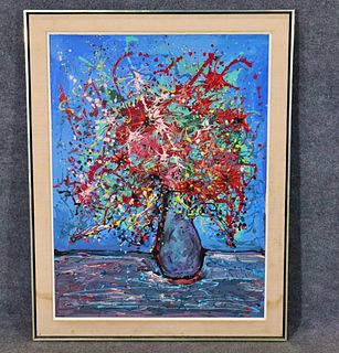 MID CENTURY L GRALUICK STILL LIFE PAINTING ON CANVAS FLOWERS SIGNED FRAMED