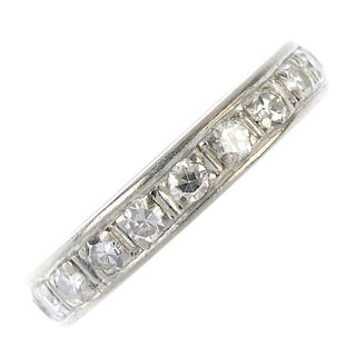 A diamond full-circle eternity ring. Designed as a series of single-cut diamonds. Estimated total di