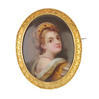 A late 19th century 18ct gold painted portrait brooch. The oval painted porcelain panel, depicting a