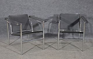 PAIR LEATHER & CHROME CASSINA STYLE SLING CHAIRS