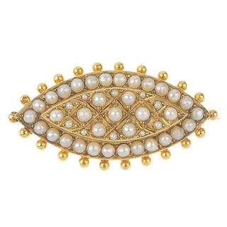 An early 20th century split pearl brooch. Of marquise-shape outline, the split pearl panel, with sim