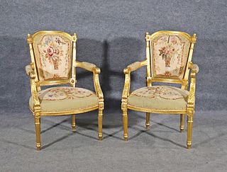 PAIR 19TH C GILT AUBUSSON STYLE CHAIRS