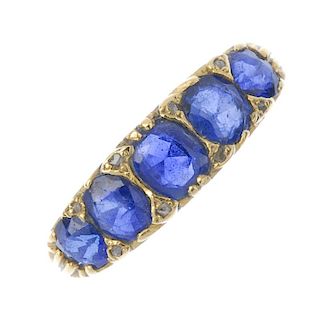 A sapphire and diamond five-stone ring. The vari-shape sapphire graduated line, with diamond point d