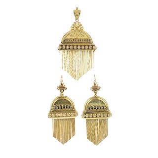 A late 19th century 15ct gold suite. The ear pendants each designed as a graduated bar fringe, suspe