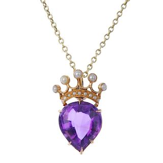 An amethyst and pearl pendant. The pear-shape amethyst cabochon, with split pearl crown surmount, su