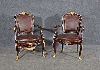 PAIR LOUIS XV STYLE BRONZE MOUNTED ARM CHAIRS