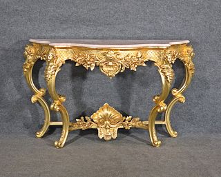 FRENCH GILT CARVED WOOD MARBLE TOP CONSOLE