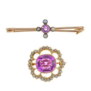 Two gem-set brooches. The first designed as a circular-shape pink sapphire collet within a seed pear