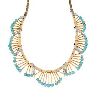 A set of turquoise and diamond jewellery. The necklace designed as a circular turquoise cabochon sca