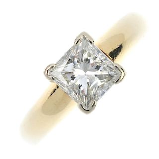 A diamond single-stone ring. The square-shape diamond, to the tapered band. Accompanied by mini repo