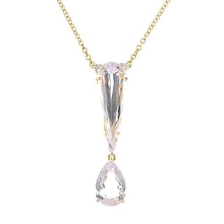 An 18ct gold kunzite and diamond pendant. The pear-shape kunzite, with brilliant-cut diamond accents