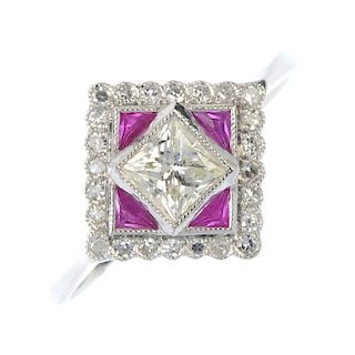 A ruby and diamond dress ring. The square-shape diamond collet, within a triangular-shape ruby and s
