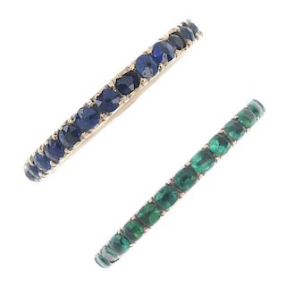 Two late 19th century gold emerald and sapphire full-circle eternity rings. Each designed as a cushi