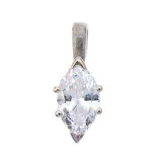 A diamond single-stone pendant. The marquise-shape diamond, to the tapered surmount. Estimated diamo