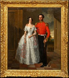 PORTRAIT BRITISH MILITARY OFFICER AND WIFE OIL PAINTING