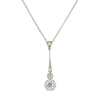 A diamond pendant. The graduated old-cut diamonds, suspended from a tapered bar and similarly-cut di
