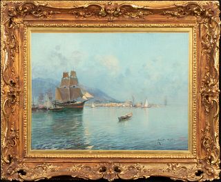 THE BAY OF NAPLES SHIP OIL PAINTING