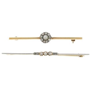 Two early 20th century diamond and split pearl bar brooches. To include a split pearl and old-cut di
