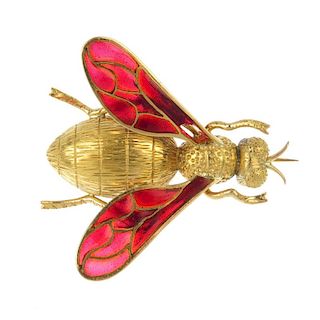 A mid 20th century wasp brooch. The plique-a-jour red enamel wings, to the textured body and eyes. F