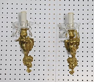 PAIR BRASS WALL SCONCES WITH PRISMS