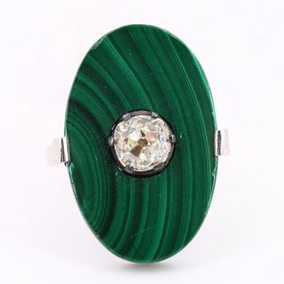 Art Deco Malachite & Diamond 18k Gold Ring