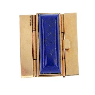 A mid 20th century lapis lazuli clasp. The rectangular-shape lapis lazuli collet, to the rectangular