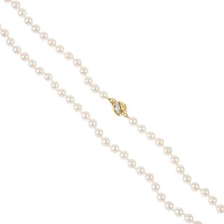 A cultured pearl single-strand necklace. Comprising a single-strand of one hundred and thirty four c