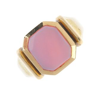 A late 19th century 15ct gold signet ring. The rectangular-shape sardonyx, to the tapered shoulders