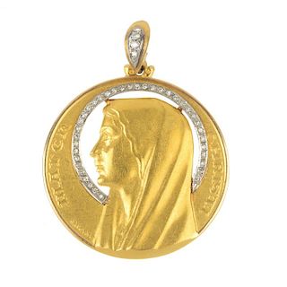 A mid 20th century diamond pendant. Of circular-shape outline, depicting the virgin mother, with sin
