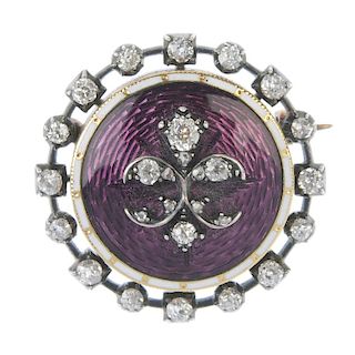 A late 19th century gold and silver enamel and diamond brooch. The old-cut diamond flower, overlaid