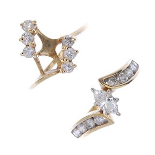 Two diamond dress rings. The first designed as a marquise-shape diamond with graduated brilliant-cut
