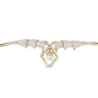 A cultured pearl and diamond bracelet. Designed as a cultured pearl and brilliant-cut diamond drop,