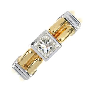 A bi-colour diamond single-stone ring. The square-shape diamond collet, to the grooved sides and gro