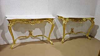PAIR CARVED GILT MARBLE TOP CONSOLES