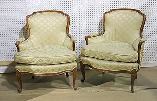 PAIR ANTIQUE LOUIS XV UPHOLSTERED BERGERES