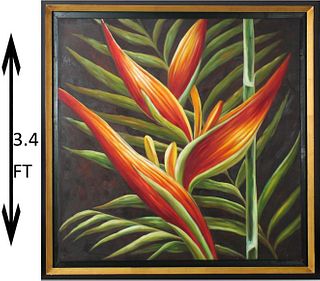 Bird of Paradise Palm, Large Signed Oil on Canvas
