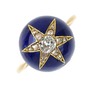 An 18ct gold diamond and enamel star ring. The late 19th century gold old and rose-cut diamond blue