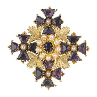 An amethyst and seed pearl brooch. The oval-shape amethyst and seed pearl cluster, with fancy-shape