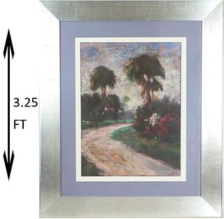 Impressionist Pastel Palm Trees on a Path, Signed