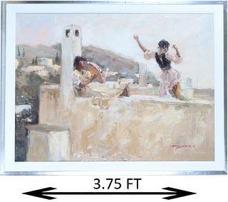 Italian Figural Rooftop Scene, Signed Oil/Canvas