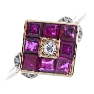 A ruby and diamond dress ring. The circular-cut diamond, within a square-shape ruby surround, to the